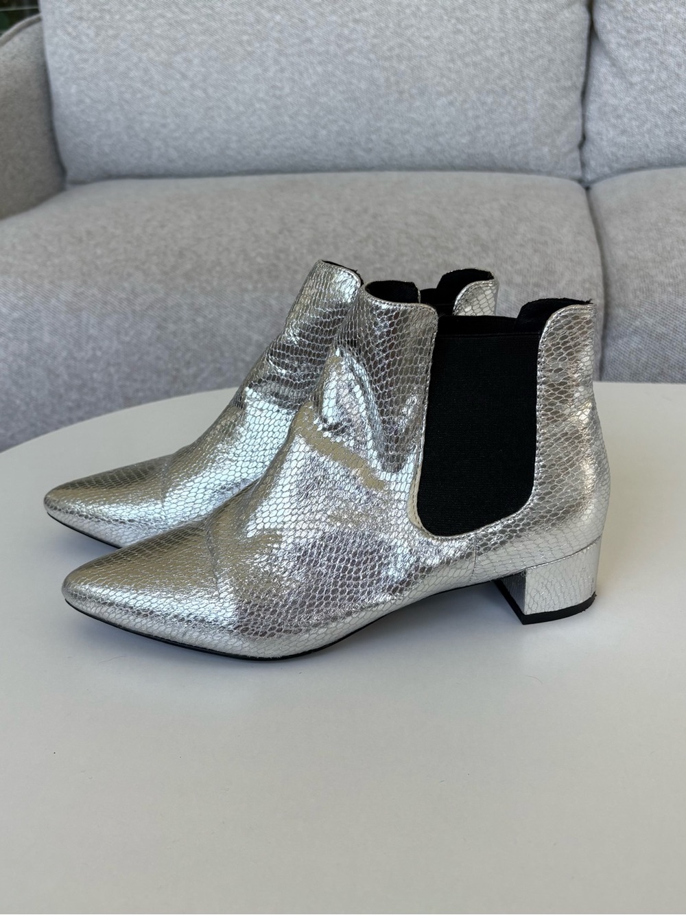Topshop Silver Textured Pointed Chelsea Booties